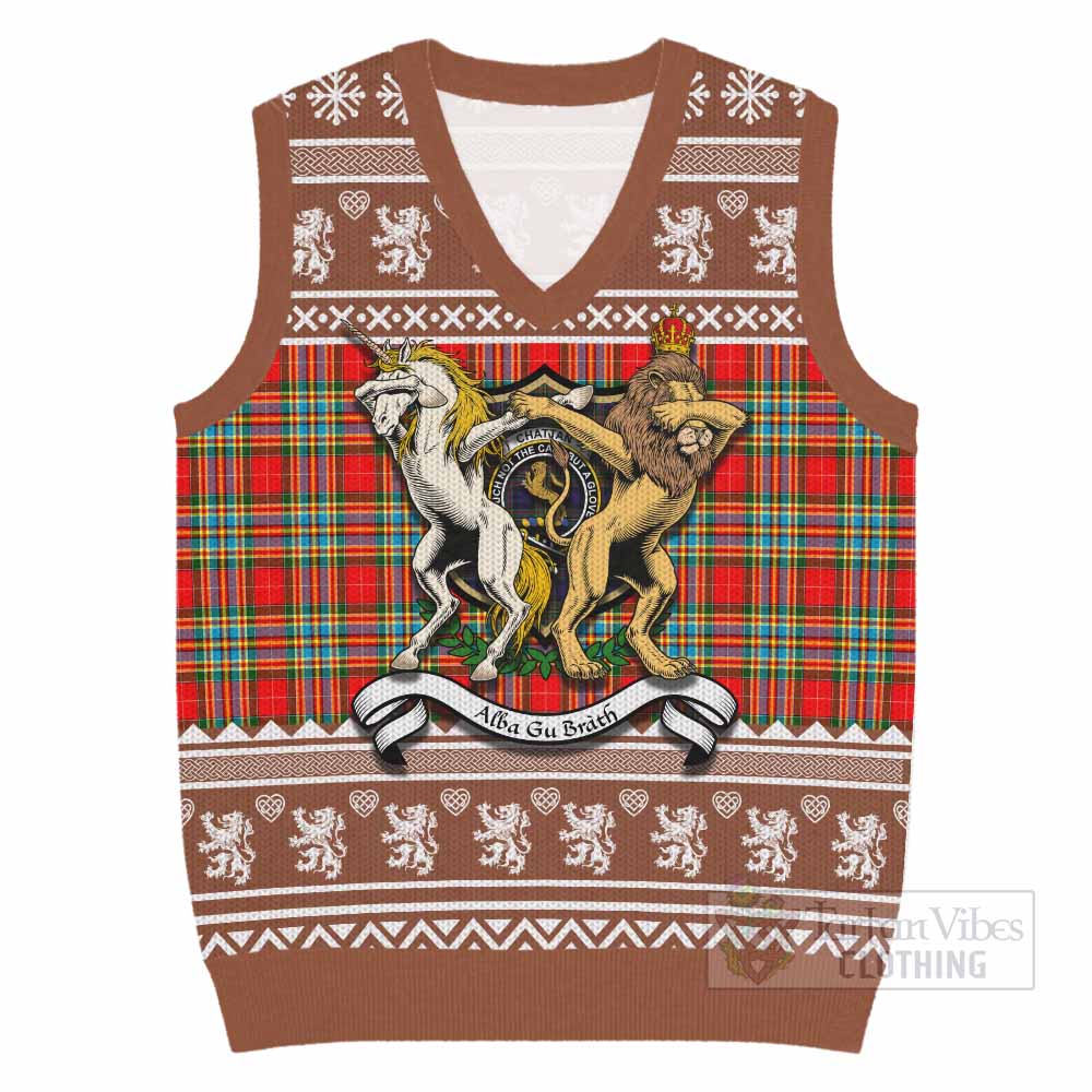 Chattan Clan Tartan Crest Christmas Knitted V-Neck Vest Coat of Arms Funny Style - Tartan Vibes Clothing