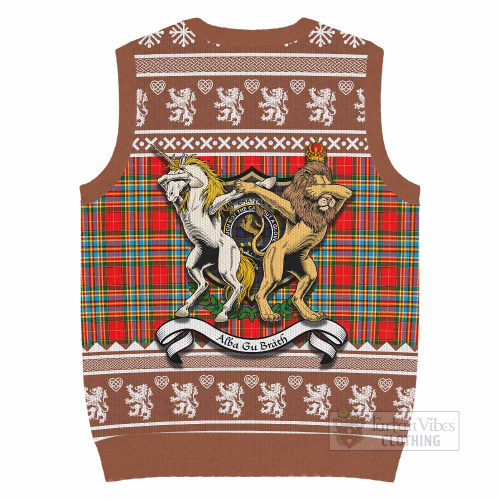 Chattan Clan Tartan Crest Christmas Knitted V-Neck Vest Coat of Arms Funny Style - Tartan Vibes Clothing