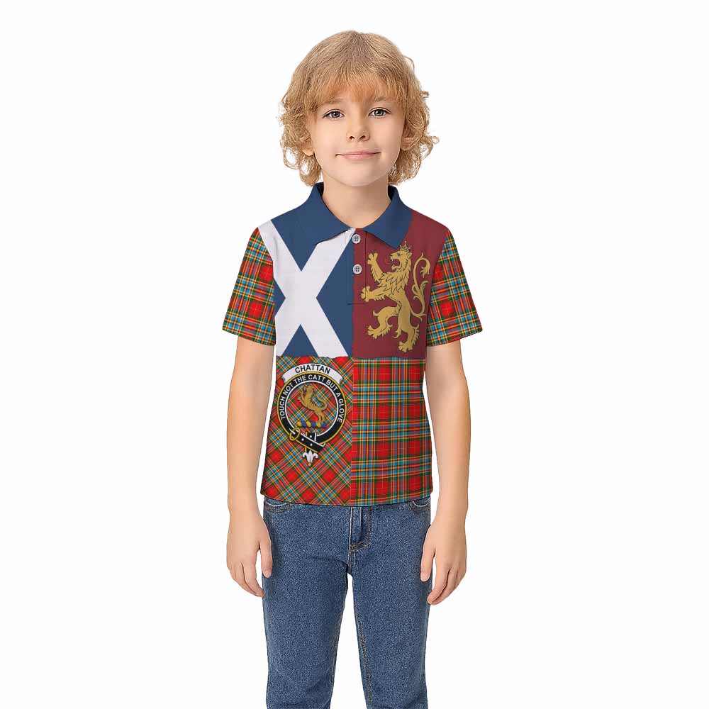 Chattan Crest Tartan Kid Polo Shirt with Lion Rampant Saltire Style - Tartan Vibes Clothing