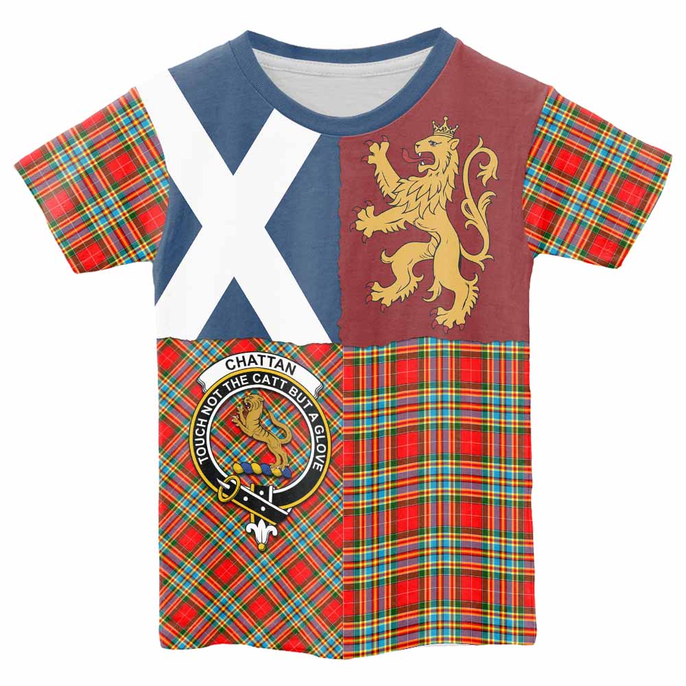 Chattan Crest Tartan Kid T-shirt with Lion Rampant Saltire Style - Tartan Vibes Clothing