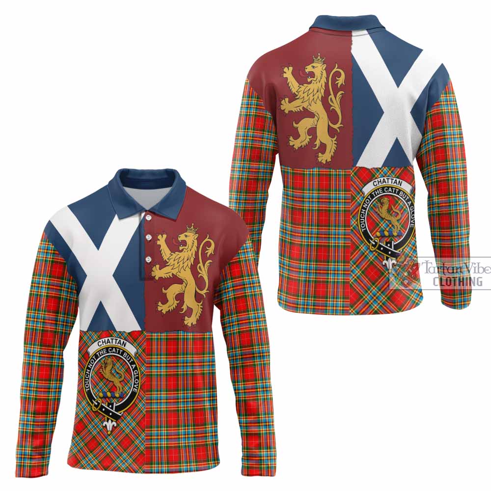 Chattan Crest Tartan Long Sleeve Polo Shirt with Lion Rampant Saltire Style