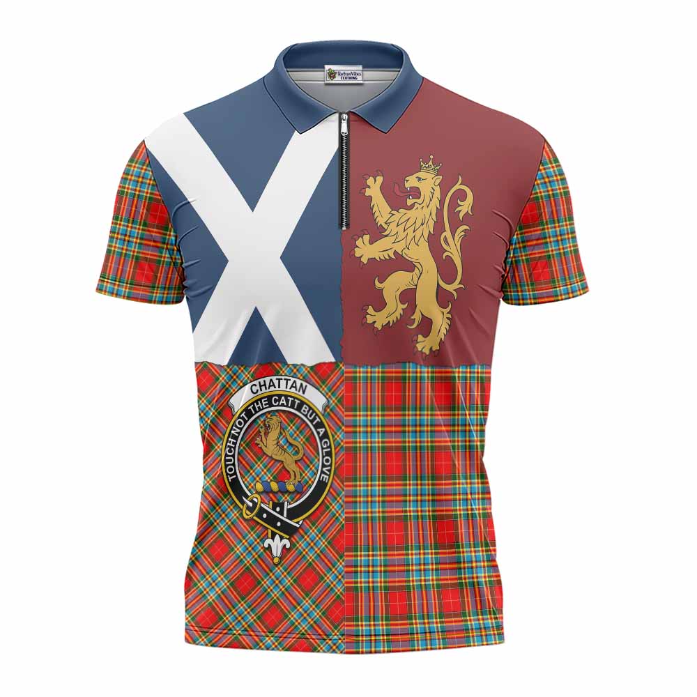 Chattan Crest Tartan Zipper Polo Shirt with Lion Rampant Saltire Style