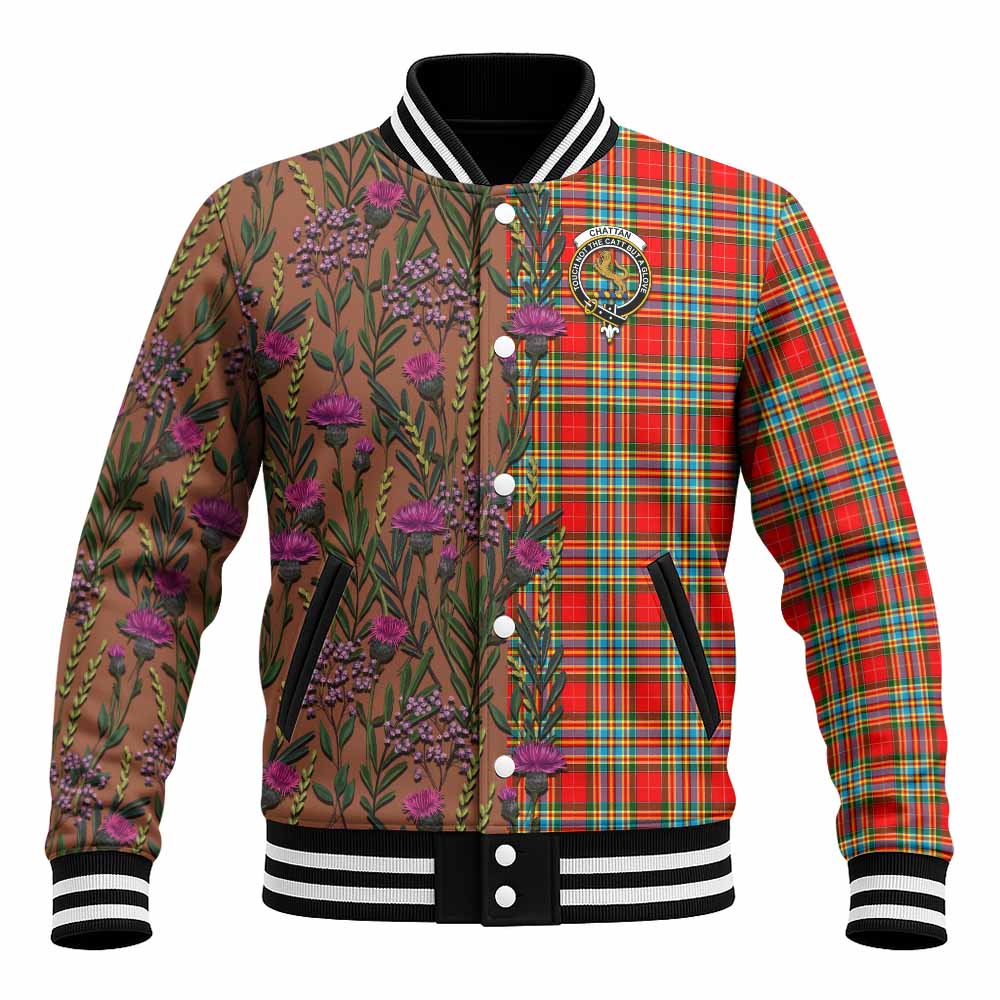 Chattan Family Crest Tartan Baseball Jacket Scottish Thistle Flower Pattern Half Style - Tartan Vibes Clothing