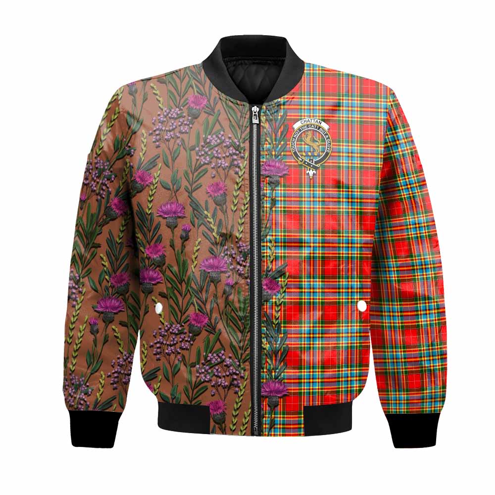 Chattan Family Crest Tartan Bomber Jacket Scottish Thistle Flower Pattern Half Style - Tartan Vibes Clothing
