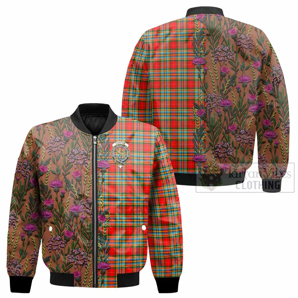 Chattan Family Crest Tartan Bomber Jacket Scottish Thistle Flower Pattern Half Style - Tartan Vibes Clothing