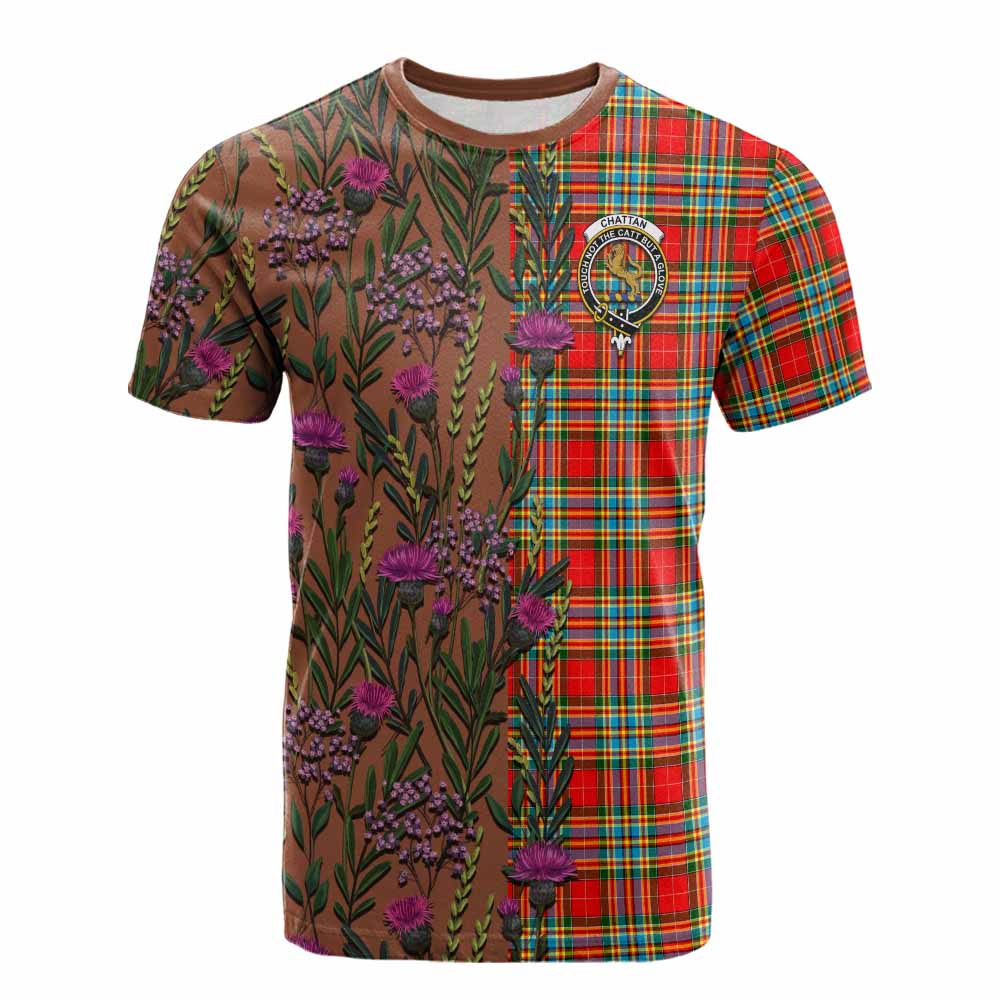 Chattan Family Crest Tartan Cotton T-shirt Scottish Thistle Flower Pattern Half Style - Tartan Vibes Clothing