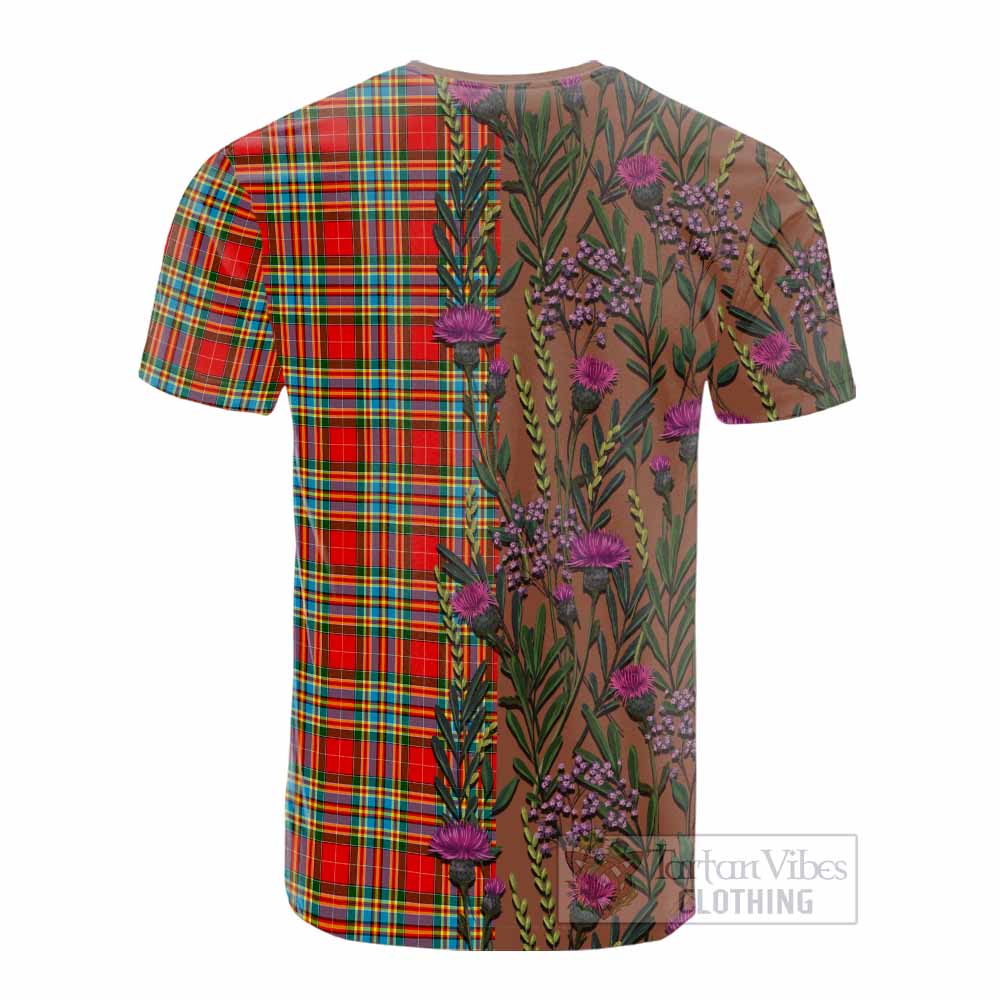 Chattan Family Crest Tartan Cotton T-shirt Scottish Thistle Flower Pattern Half Style - Tartan Vibes Clothing