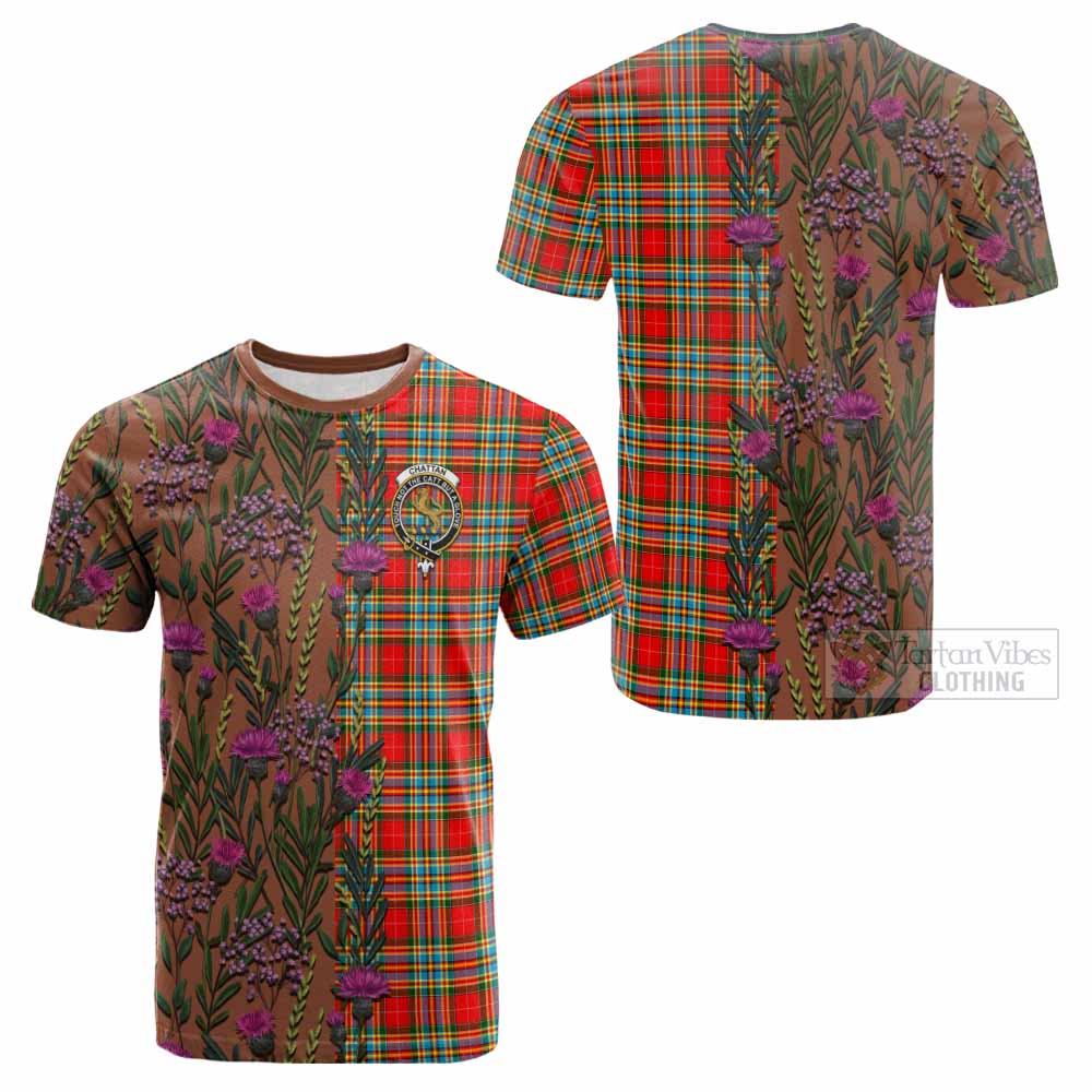 Chattan Family Crest Tartan Cotton T-shirt Scottish Thistle Flower Pattern Half Style - Tartan Vibes Clothing
