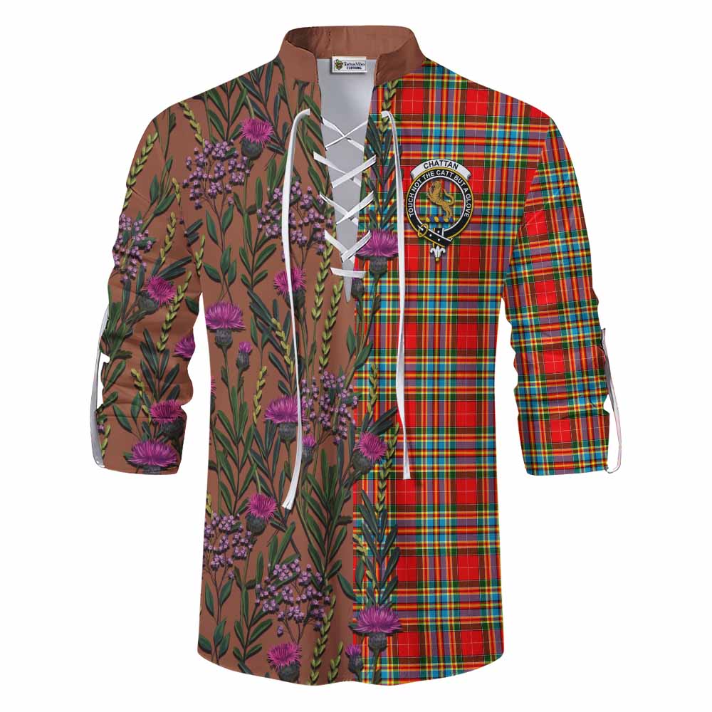 Chattan Family Crest Tartan Ghillie Shirt Scottish Thistle Flower Pattern Half Style - Tartan Vibes Clothing