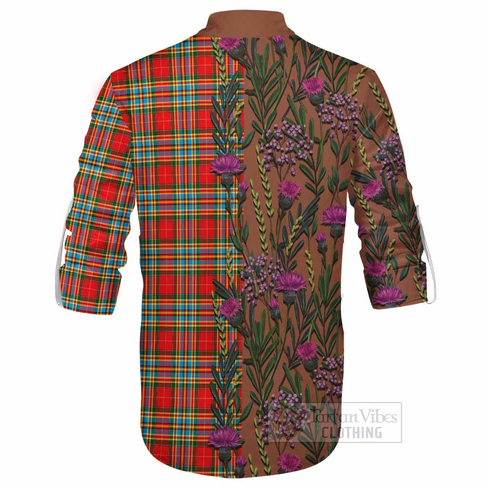 Chattan Family Crest Tartan Ghillie Shirt Scottish Thistle Flower Pattern Half Style - Tartan Vibes Clothing