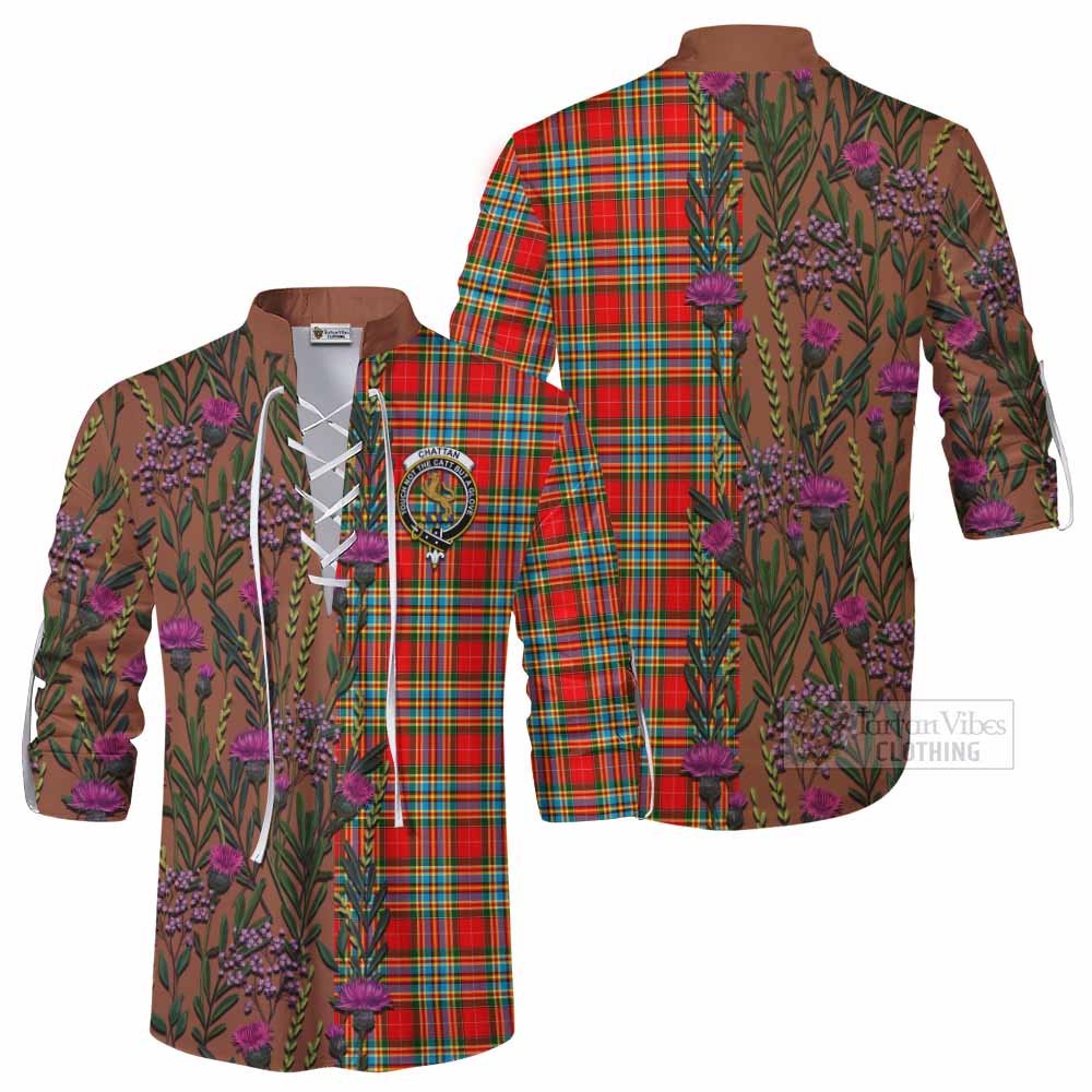 Chattan Family Crest Tartan Ghillie Shirt Scottish Thistle Flower Pattern Half Style - Tartan Vibes Clothing