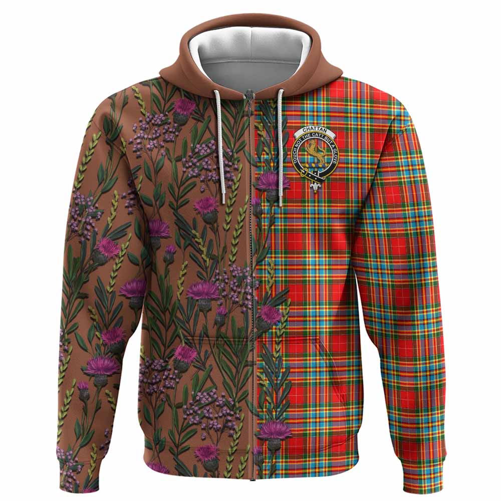 Chattan Family Crest Tartan Hoodie Scottish Thistle Flower Pattern Half Style - Tartan Vibes Clothing