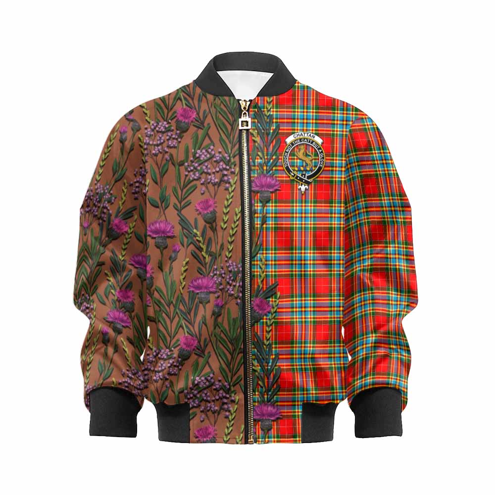 Chattan Family Crest Tartan Kid Bomber Jacket Scottish Thistle Flower Pattern Half Style - Tartan Vibes Clothing