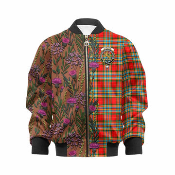 Chattan Family Crest Tartan Kid Bomber Jacket Scottish Thistle Flower Pattern Half Style - Tartan Vibes Clothing