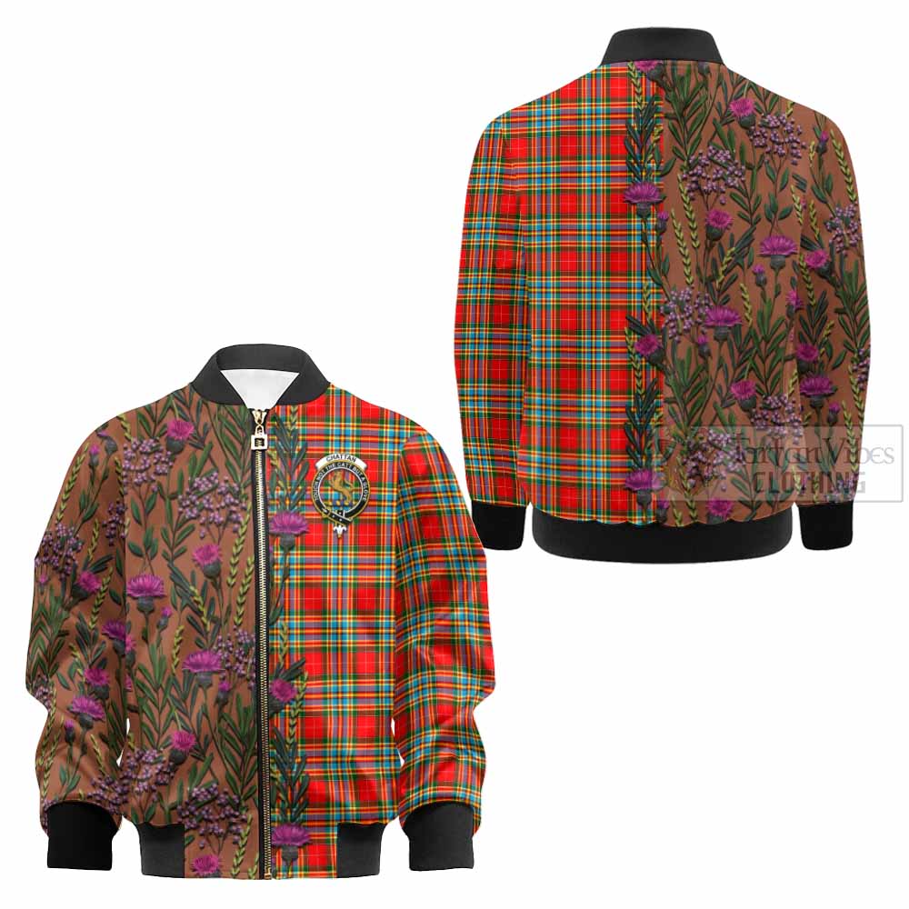 Chattan Family Crest Tartan Kid Bomber Jacket Scottish Thistle Flower Pattern Half Style - Tartan Vibes Clothing