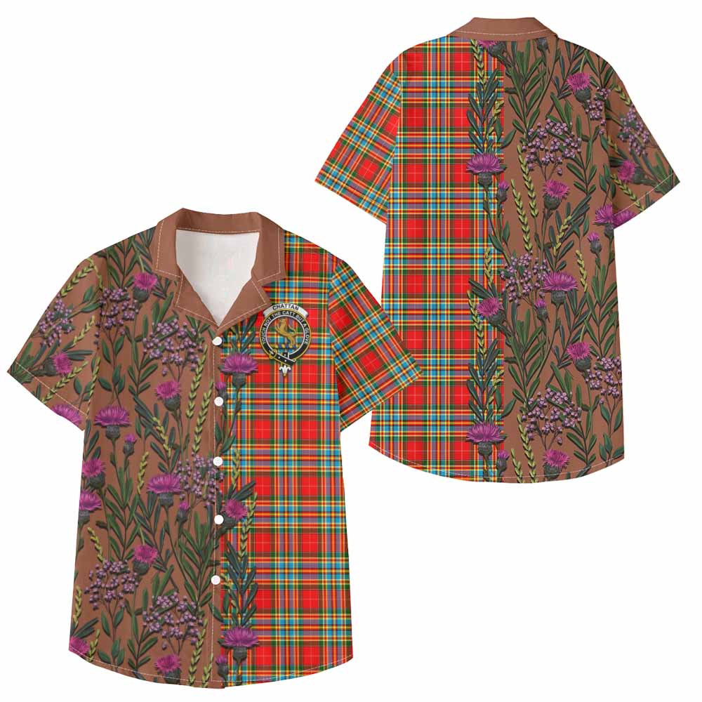 Chattan Family Crest Tartan Kid Hawaiian Shirt Scottish Thistle Flower Pattern Half Style - Tartan Vibes Clothing