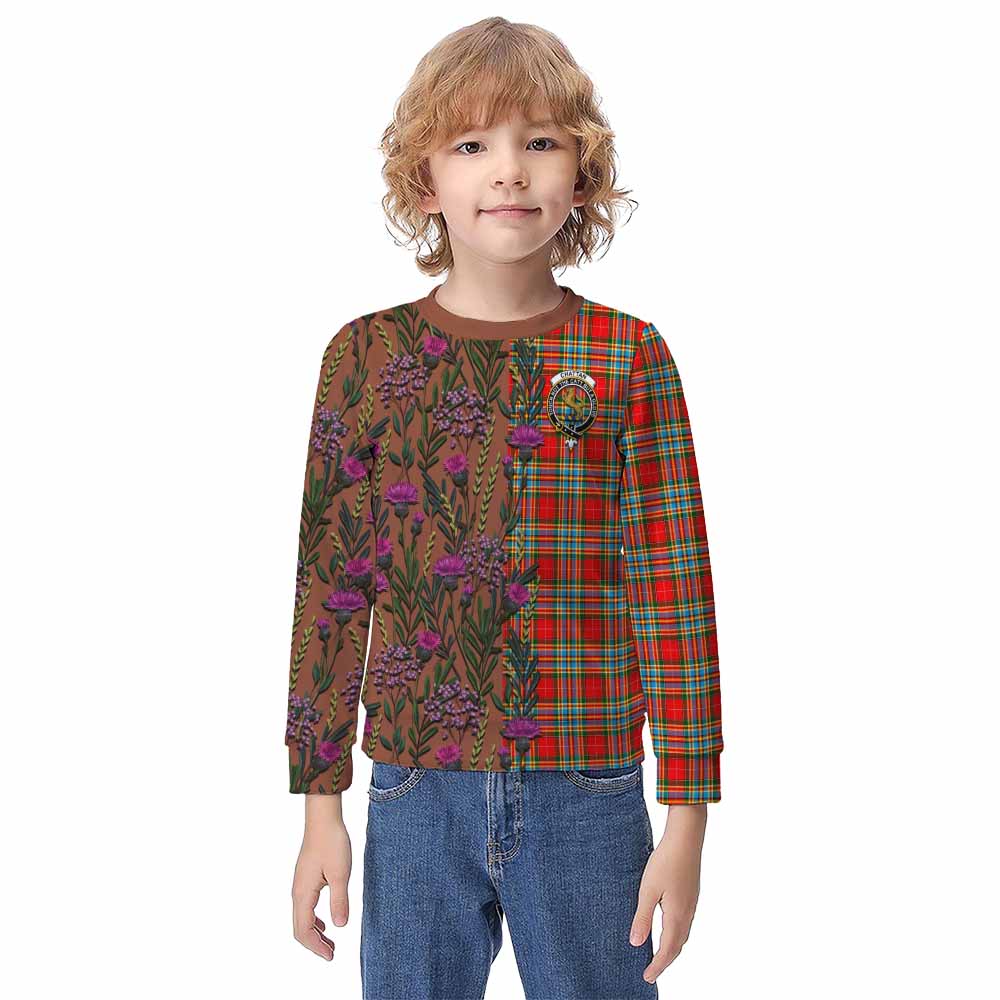 Chattan Family Crest Tartan Kid Knitted Sweatshirt Scottish Thistle Flower Pattern Half Style - Tartan Vibes Clothing