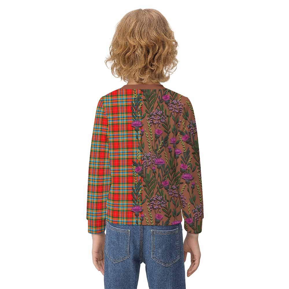 Chattan Family Crest Tartan Kid Knitted Sweatshirt Scottish Thistle Flower Pattern Half Style - Tartan Vibes Clothing