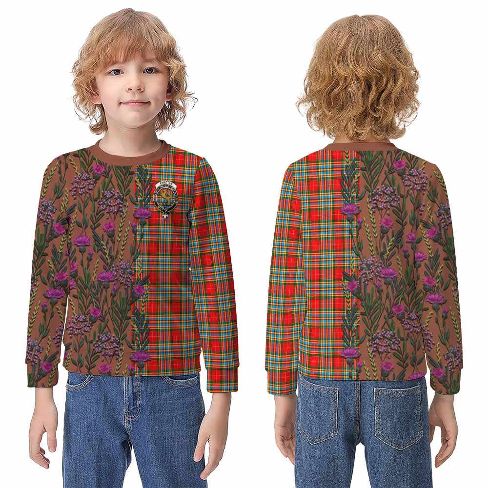 Chattan Family Crest Tartan Kid Knitted Sweatshirt Scottish Thistle Flower Pattern Half Style - Tartan Vibes Clothing