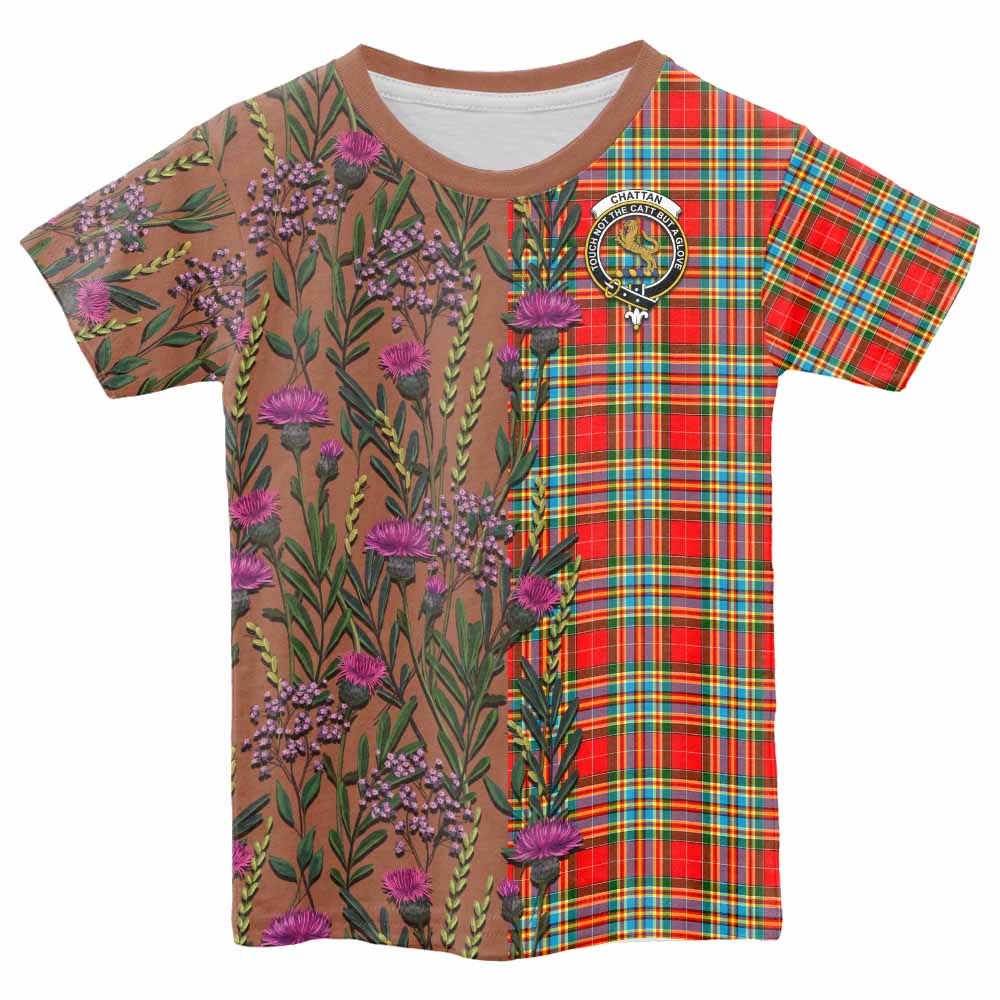 Chattan Family Crest Tartan Kid T-shirt Scottish Thistle Flower Pattern Half Style - Tartan Vibes Clothing