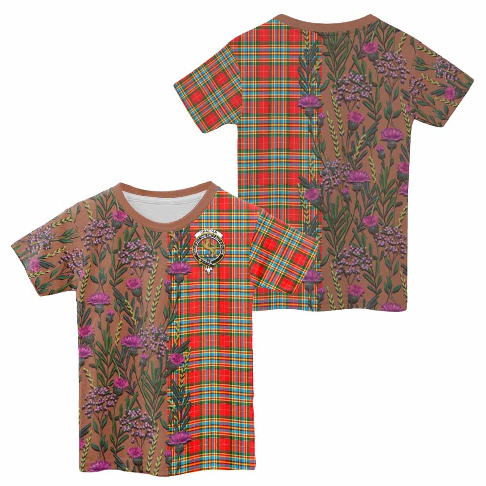 Chattan Family Crest Tartan Kid T-shirt Scottish Thistle Flower Pattern Half Style - Tartan Vibes Clothing