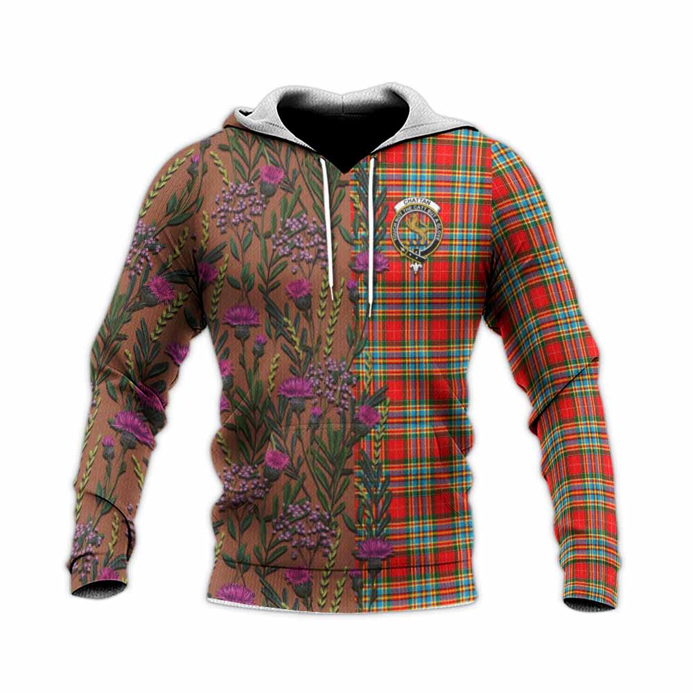 Chattan Family Crest Tartan Knitted Hoodie Scottish Thistle Flower Pattern Half Style - Tartan Vibes Clothing