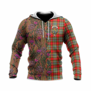 Chattan Family Crest Tartan Knitted Hoodie Scottish Thistle Flower Pattern Half Style