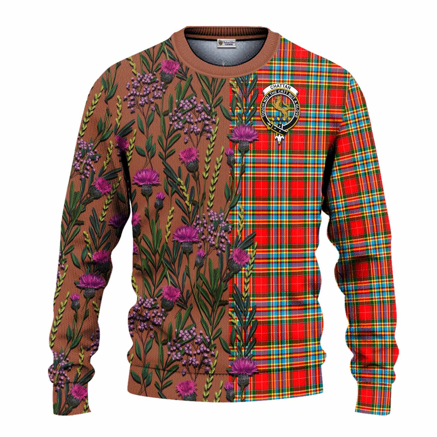 Chattan Family Crest Tartan Knitted Sweater Scottish Thistle Flower Pattern Half Style - Tartan Vibes Clothing