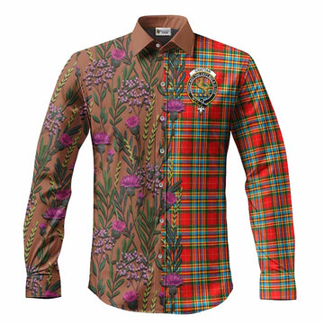 Chattan Family Crest Tartan Long Sleeve Button Shirts Scottish Thistle Flower Pattern Half Style