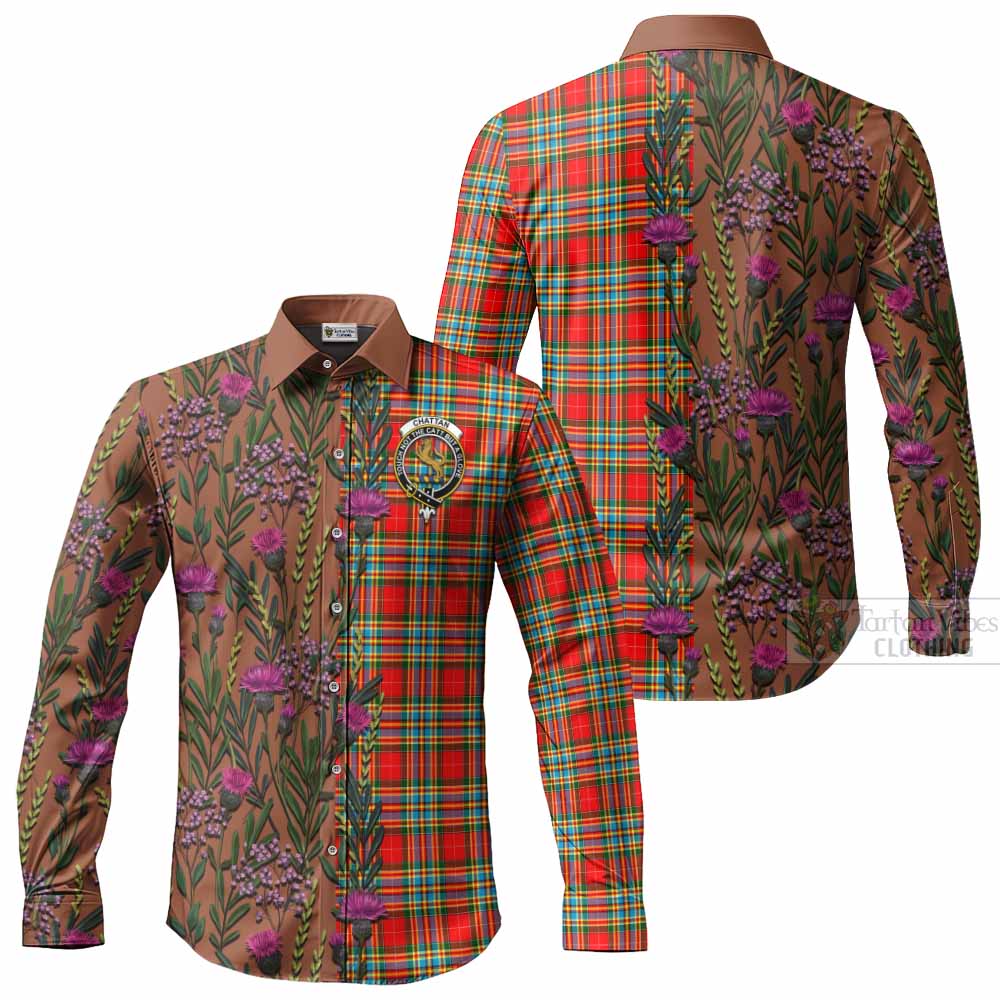 Chattan Family Crest Tartan Long Sleeve Button Shirts Scottish Thistle Flower Pattern Half Style - Tartan Vibes Clothing