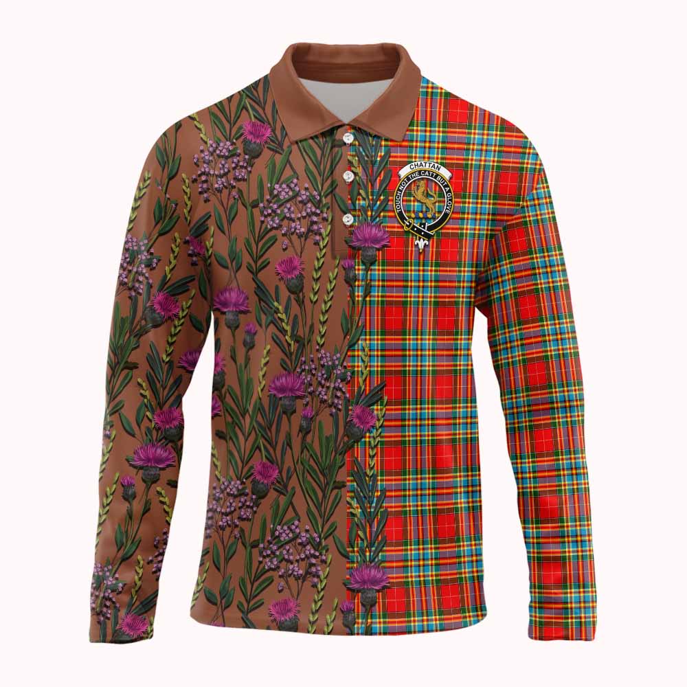 Chattan Family Crest Tartan Long Sleeve Polo Shirt Scottish Thistle Flower Pattern Half Style - Tartan Vibes Clothing