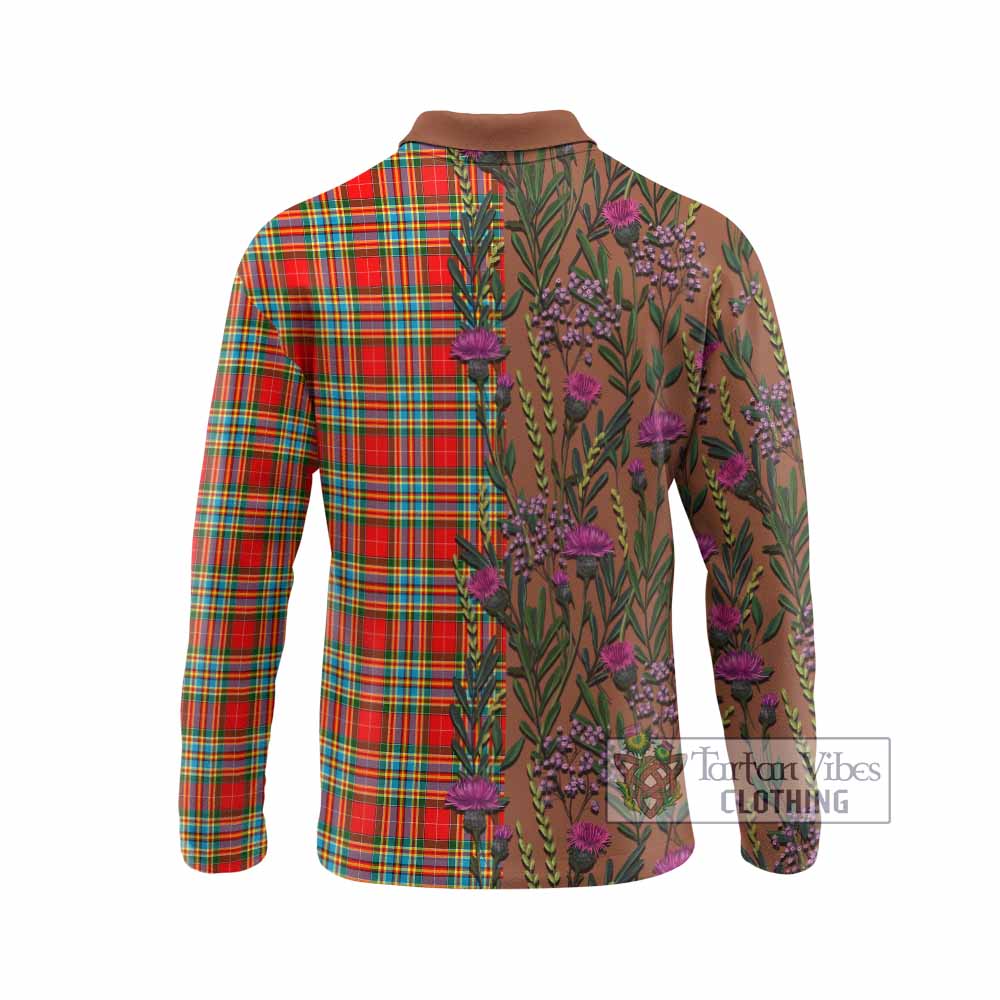 Chattan Family Crest Tartan Long Sleeve Polo Shirt Scottish Thistle Flower Pattern Half Style - Tartan Vibes Clothing