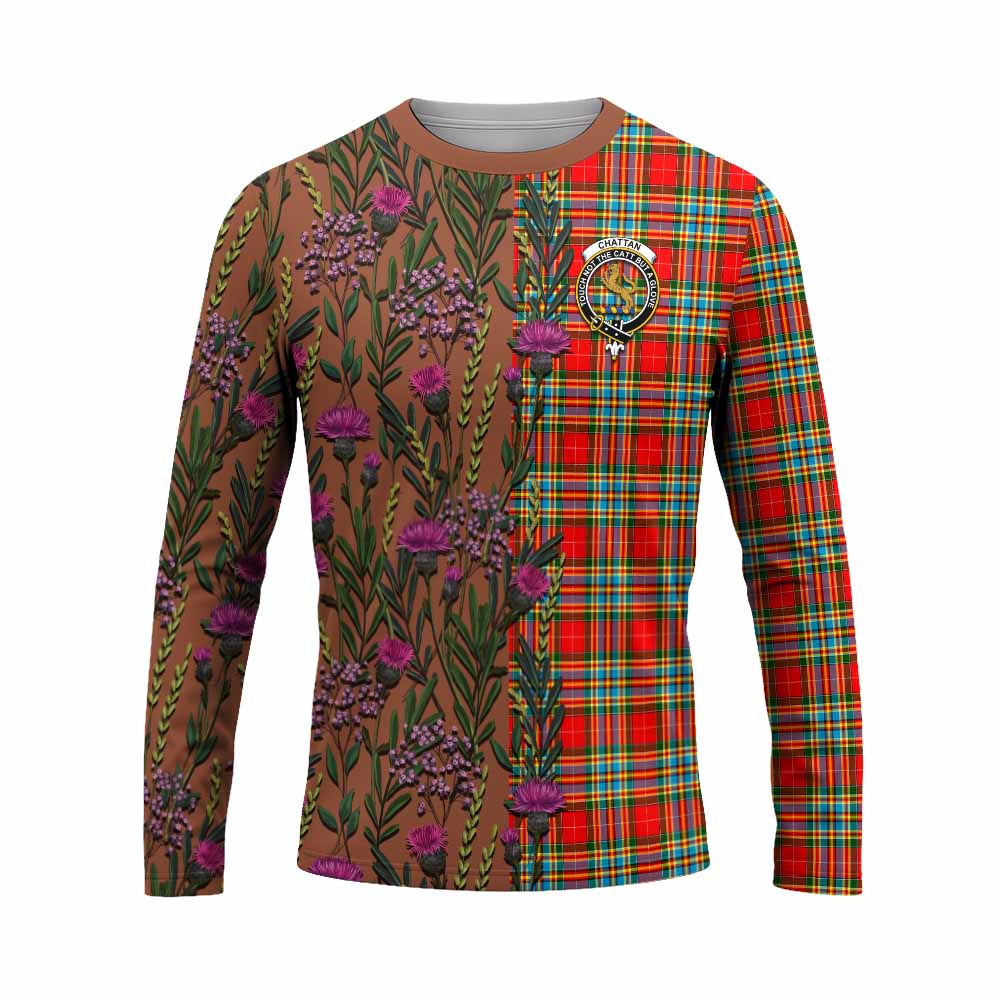 Chattan Family Crest Tartan Long Sleeve T-Shirt Scottish Thistle Flower Pattern Half Style - Tartan Vibes Clothing