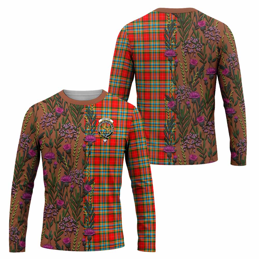 Chattan Family Crest Tartan Long Sleeve T-Shirt Scottish Thistle Flower Pattern Half Style - Tartan Vibes Clothing
