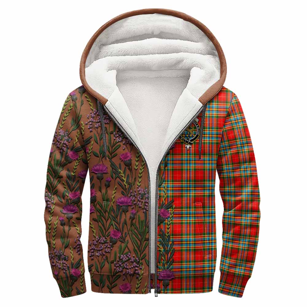 Chattan Family Crest Tartan Sherpa Hoodie Scottish Thistle Flower Pattern Half Style - Tartan Vibes Clothing