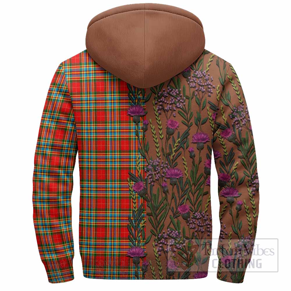 Chattan Family Crest Tartan Sherpa Hoodie Scottish Thistle Flower Pattern Half Style - Tartan Vibes Clothing