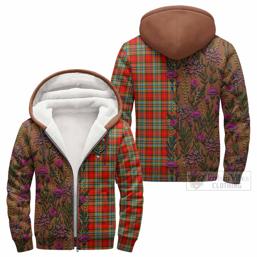 Chattan Family Crest Tartan Sherpa Hoodie Scottish Thistle Flower Pattern Half Style - Tartan Vibes Clothing