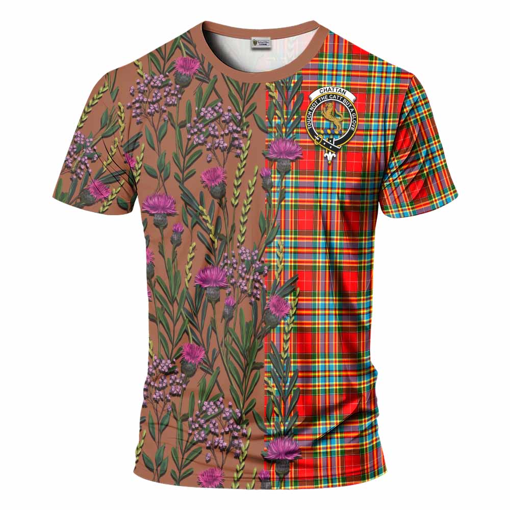 Chattan Family Crest Tartan T-Shirt Scottish Thistle Flower Pattern Half Style - Tartan Vibes Clothing