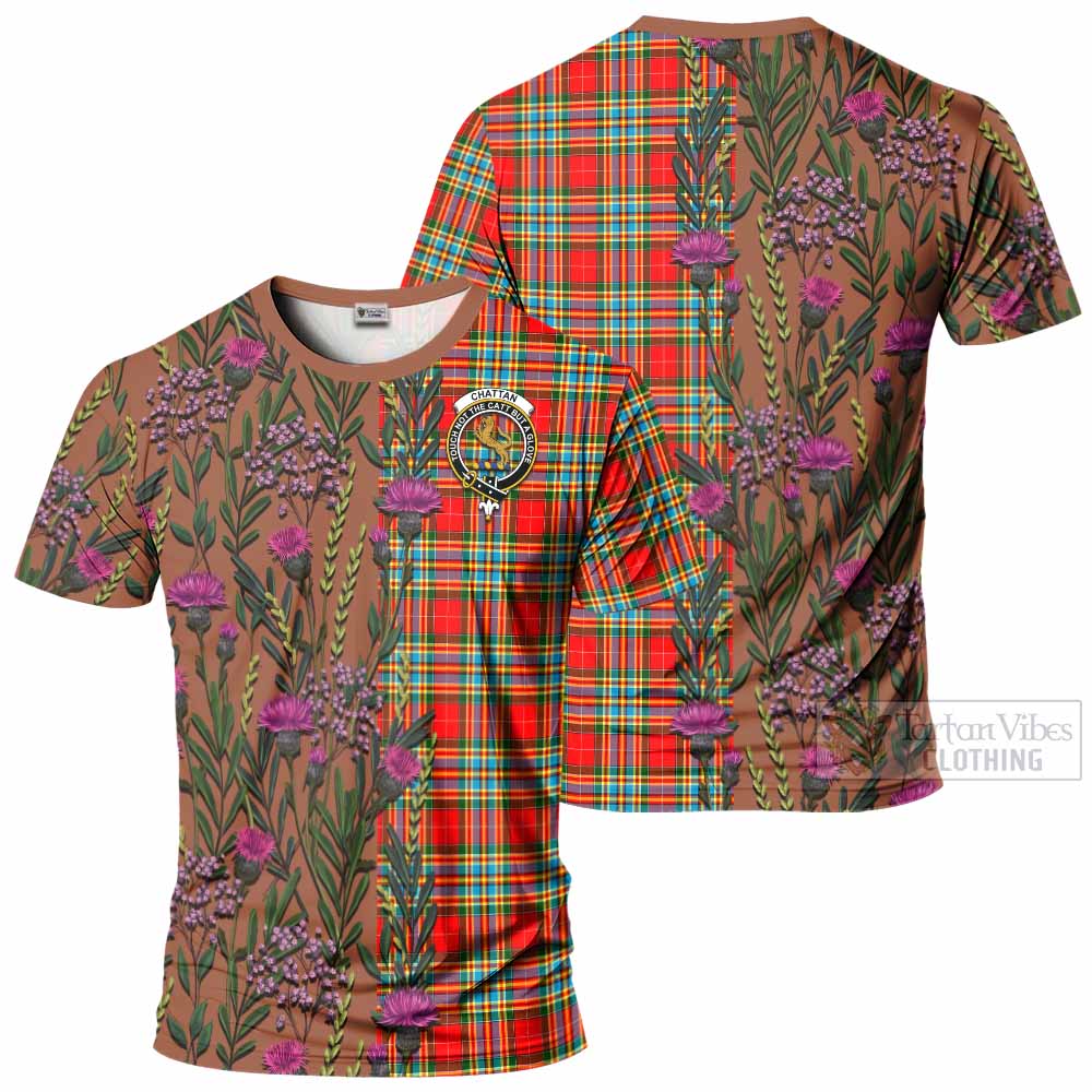 Chattan Family Crest Tartan T-Shirt Scottish Thistle Flower Pattern Half Style - Tartan Vibes Clothing