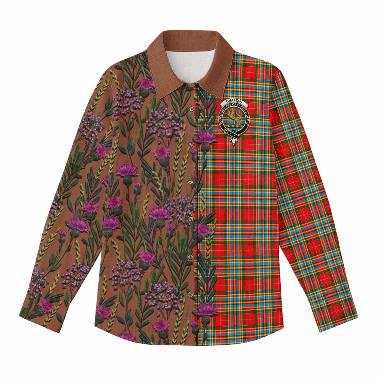Chattan Family Crest Tartan Women Casual Shirt Scottish Thistle Flower Pattern Half Style - Tartan Vibes Clothing