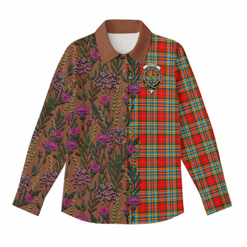 Chattan Family Crest Tartan Women Casual Shirt Scottish Thistle Flower Pattern Half Style - Tartan Vibes Clothing