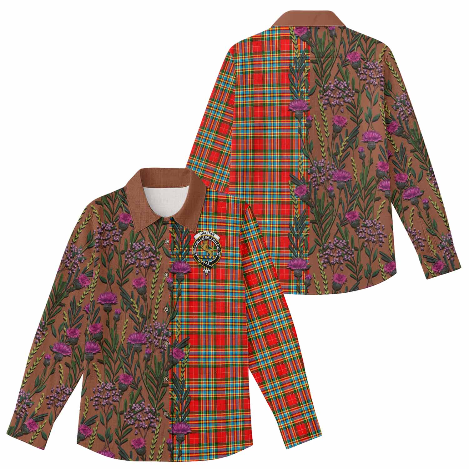 Chattan Family Crest Tartan Women Casual Shirt Scottish Thistle Flower Pattern Half Style - Tartan Vibes Clothing