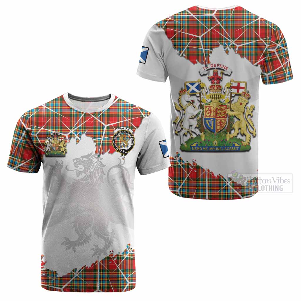 Chattan Tartan Cotton T-shirt with Family Crest and Lion Rampant Grunge Style