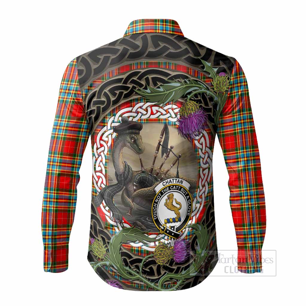 Chattan Tartan Crest Bagpipe Nessie Long Sleeve Button Shirts Scottish Loch Ness Monster Celtic Thistle