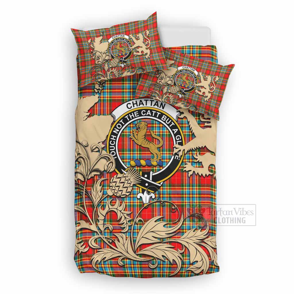 Chattan Tartan Crest Bedding Set with Scottish Iconic Symbols 