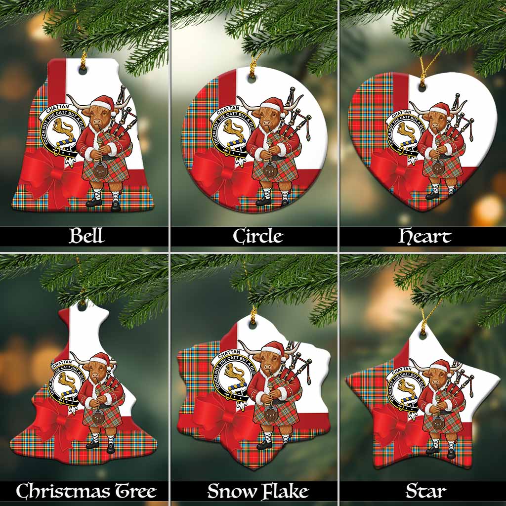 Chattan Tartan Crest Christmas Ceramic Ornament Highland Cow Bagpipes Coquette Bow Style