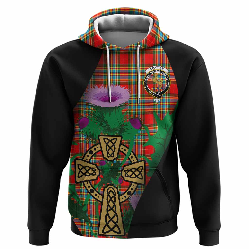 Chattan Tartan Crest Hoodie Celtic Cross Thistle Flowers