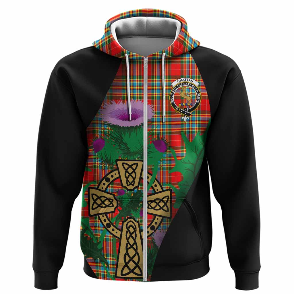 Chattan Tartan Crest Hoodie Celtic Cross Thistle Flowers