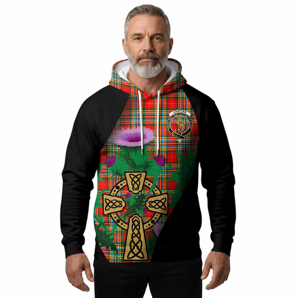 Chattan Tartan Crest Hoodie Celtic Cross Thistle Flowers
