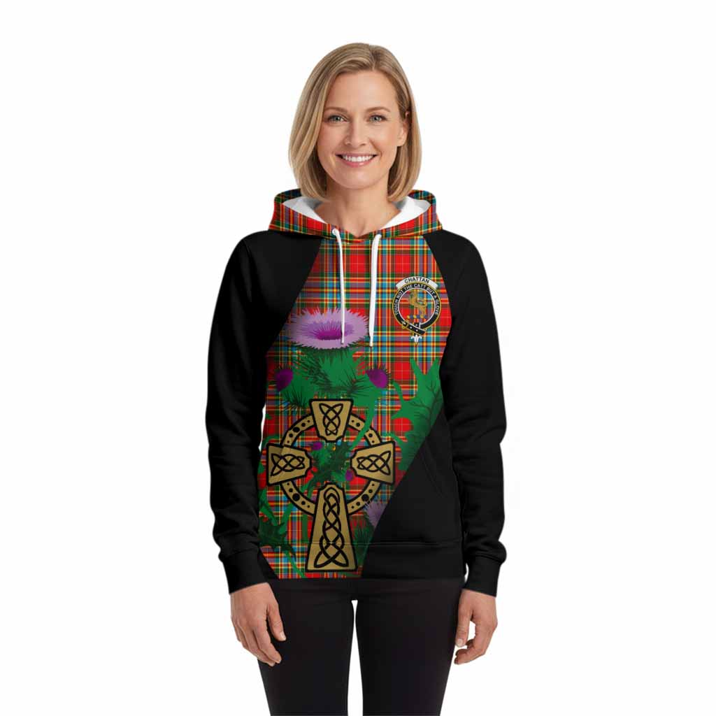 Chattan Tartan Crest Hoodie Celtic Cross Thistle Flowers